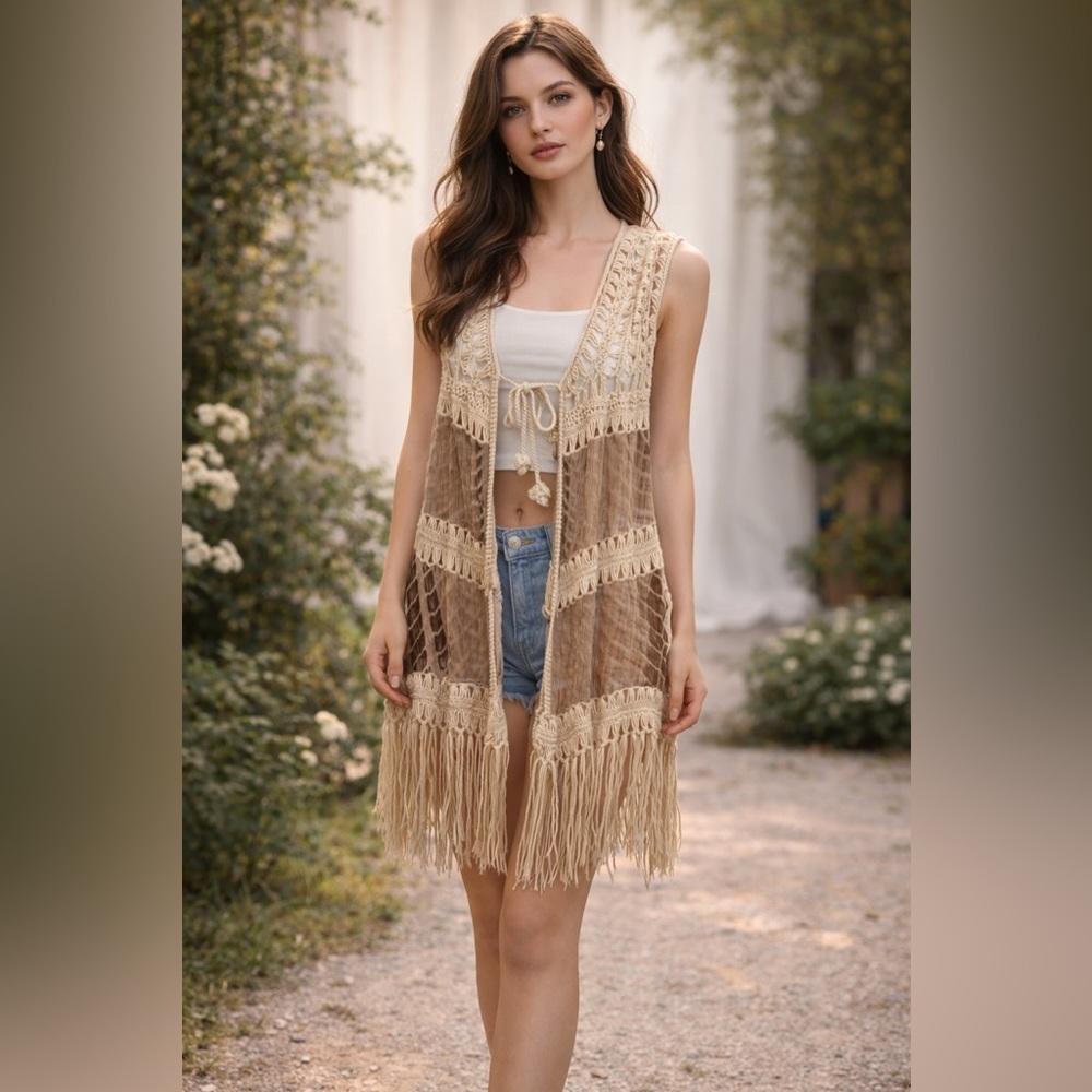 Jessica Taylor NYC Women’s Boho Crochet Festival Concert Country Fringe Vest OS
